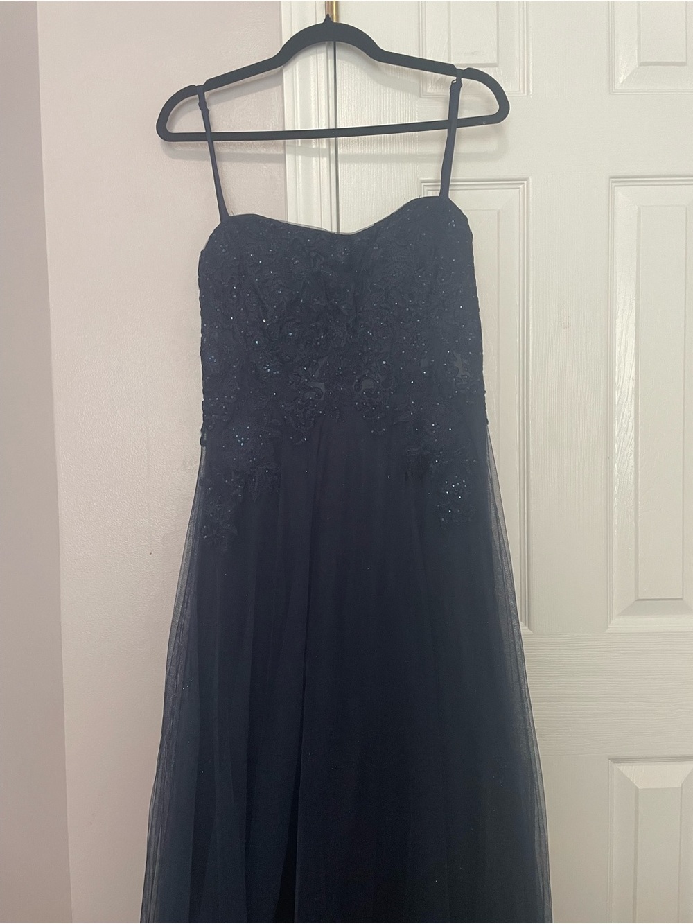 Blondie Nites Strapless Dary Navy Beaded Tulle Evening Gown